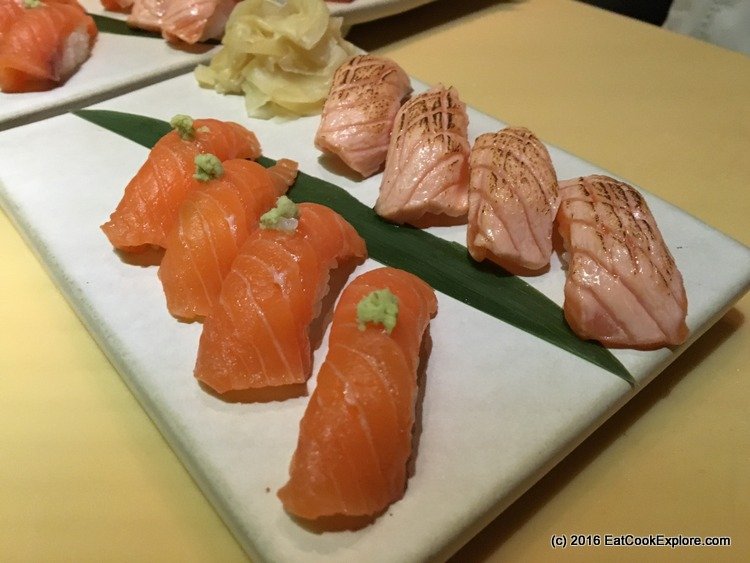 Salmon sushi two ways, with fresh wasabi