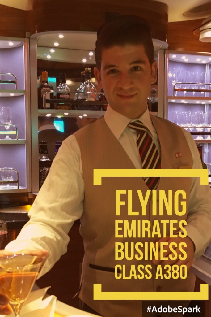 Flying Emirates Business Class A380 from London to Dubai. Here is Steward Cesar at the Sky Bar serving us cocktails. The bar is open up to 20 minutes before arrivals. 