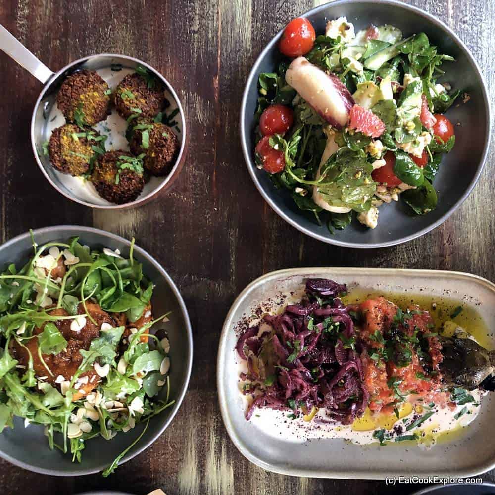 Melabes Israelie Food Kensington - Vegetarian starters Falafel, chargrilled aubergine and salads